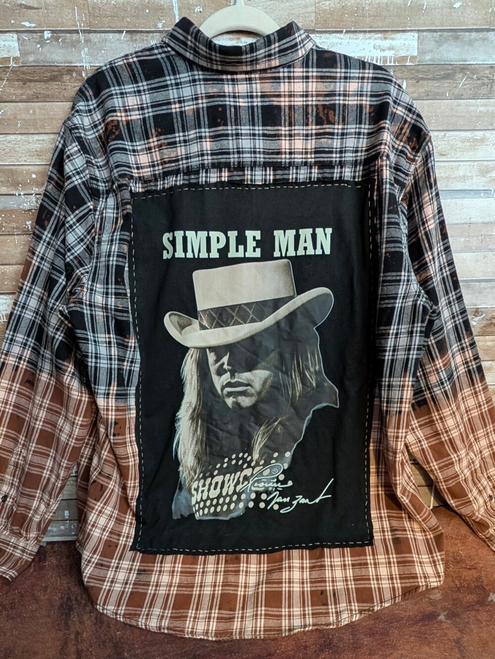 Ronnie Van Zant Simple Man Graphic Upcycled Dip Dyed Bleached Flannel Shirt